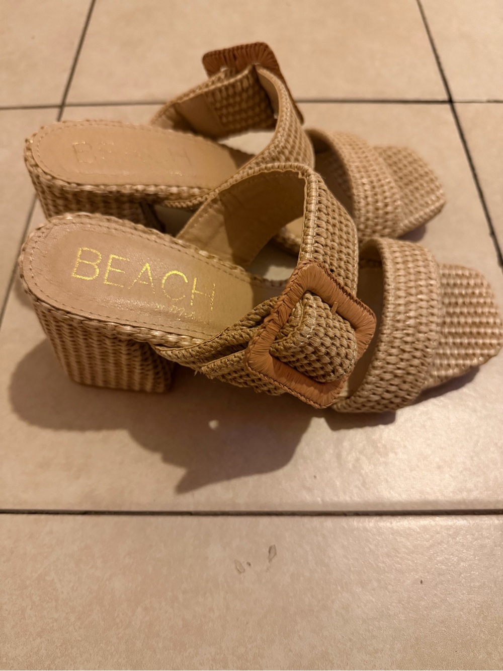 Neutral Tan Woven Block Heel Sandals